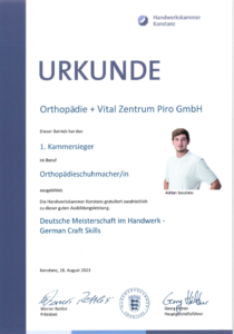 Urkunde 1. Kammersieger im Beruf Orthopädieschuhtechnik