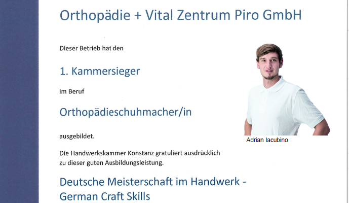 Urkunde 1. Kammersieger im Beruf Orthopädieschuhtechnik